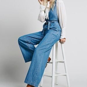 Free People Denim Clara Chambray Wide Leg Overalls One Piece Jumpsuit 2